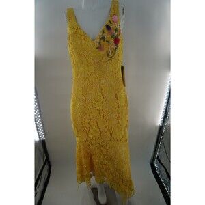 Theia Couture Yellow 3D Floral Beaded Overlay Embellished Evening Lace Gown Sz 8
